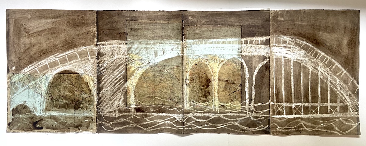 Long portrait orientation image in brown ink onto white paper and old maps, of a bridge build from different shapes